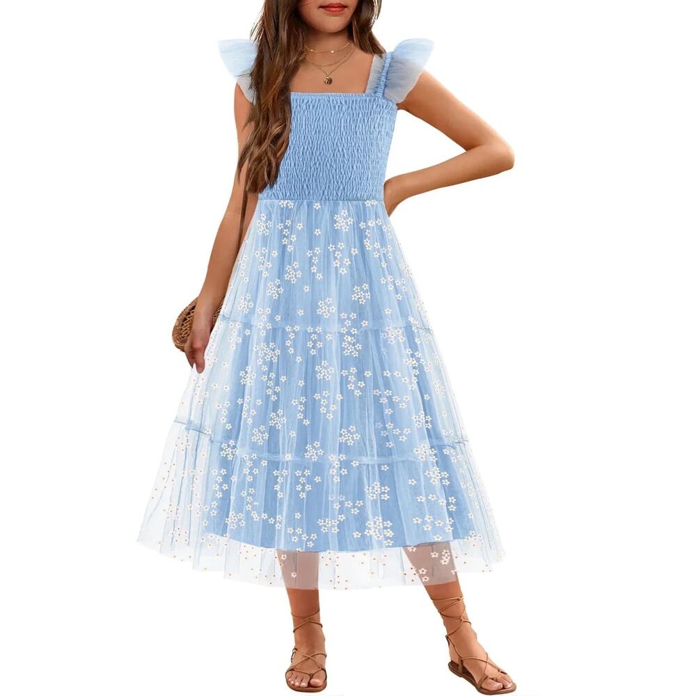 Arshiner Girls Summer Dress 12 Tulle Ruffle Sleeve Smocked Cami Maxi Tiered
